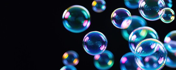 Colorful soap bubbles floating against a dark background, reflecting light and creating a vibrant, ethereal atmosphere.