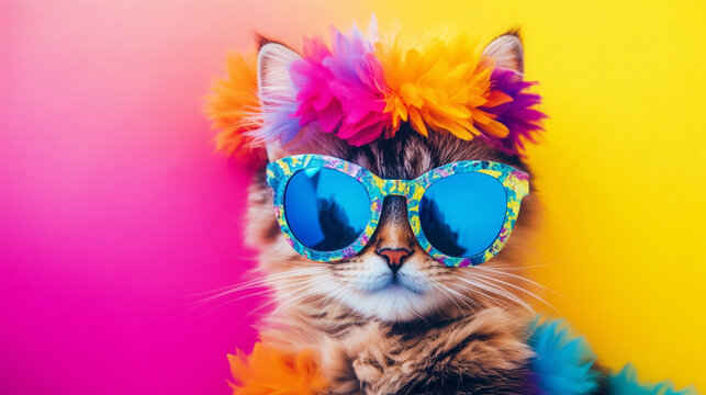 Cool cat wearing colorful sunglasses and floral accessories on vibrant background for pet-themed greeting cards, quirky merchandise, and summer social media campaigns