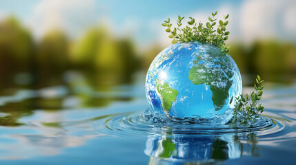 A powerful illustration of Earth with crystal-clear water at its core, symbolizing the importance of water conservation