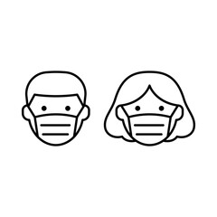 Man and woman face with mask icon symbol, Concept for flu sickness and wearing medical mask to prevent the spread of virus germs, Isolated on white background, Outline design vector illustration