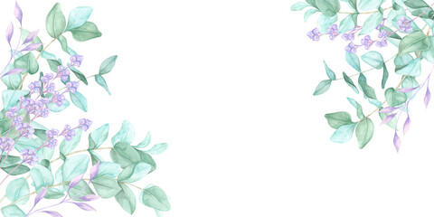 Hand-painted eucalyptus leaves with soft purple details form a delicate watercolor clipart frame. botanical banner for DIY printables, branding, digital invitations, and personalized stationery.