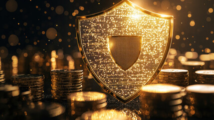 golden shield infused with soft radiant glow stands prominently among stacks of shimmering coins, symbolizing protection and wealth. scene evokes sense of security and prosperity