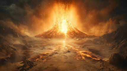 Fototapeta premium Volcanic Eruption: Witness the raw power of nature as a volcano erupts in a display of fiery orange hues, spewing ash and lava into the sky, shaping a dramatic landscape.