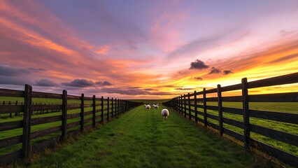 Obraz premium A scenic landscape featuring a path flanked by wooden fences, with sheep grazing under a colorful sunset sky. Concept Scenic Landscape Photography, Sunset Sky Colors, Grazing Sheep, Nature Trails