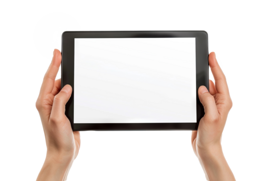 a hands holding a modern digital tablet with Blank Screen on transparent Background, Ideal for Mockups