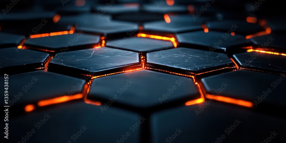 Poster Abstract Hexagon Pattern with Glowing Orange Edges Dark Technology Background