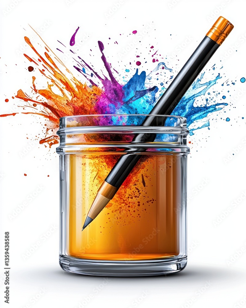 Poster creative pencil splashing vibrant colors into a jar of paint a visual metaphor for artistic inspirat