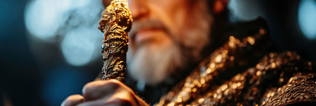 Close-up of Ornate Bronze Staff Held by Bearded Man