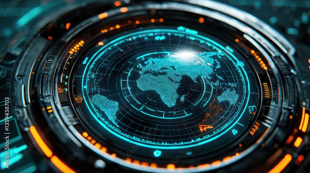 Poster Futuristic Global Network Interface Display Showing a Digital World Map on a High Tech HUD