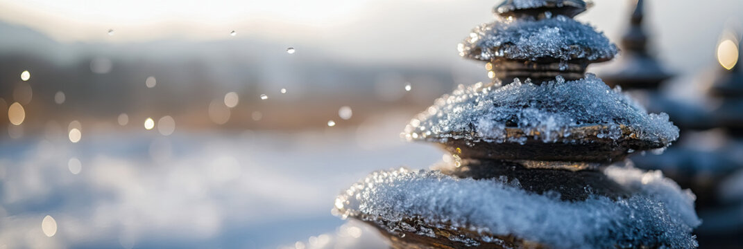 Snow-Covered Cairn with Ice Crystals and Water Droplets