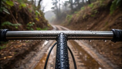 Wet bike handlebars in focus, leading down a muddy, forested trail under overcast skies.