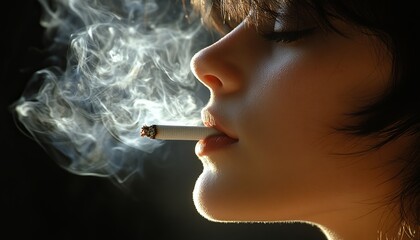 Obraz premium Young woman with smoky haze enjoying cigarette on black background. Close-up portrait.