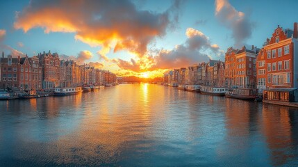 Fototapeta premium Amsterdam Canal Sunset: A Golden Hour Panorama