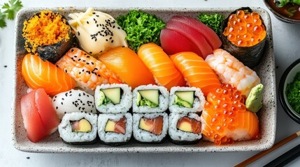 Diverse sushi assortment.  A variety of nigiri, maki, and sashimi