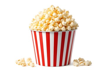 Popcorn bucket with a mix of large and small kernels, isolated on a white background, light shining off the popcorn for a glossy effect, bucket of popcorn on white background