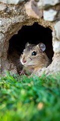 Curious Degu Emerging From Burrow, Detailed Wildlife Photography of a Rodent in Its Natural Habitat