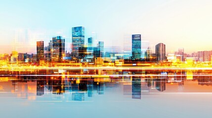 Naklejka premium Vibrant Cityscape at Sunset Modern Architecture and Urban Reflections