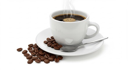 温かいコーヒー一杯と芳醇な豆の香り 白いカップと落ち着いた色合いの静物画