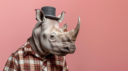A rhinoceros wearing a top hat and a plaid shirt is a surreal and eye-catching image.
