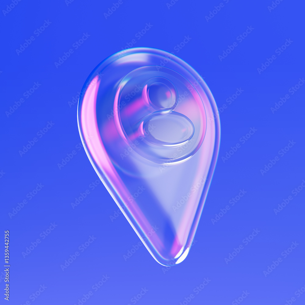 Fototapete transparent glass map pointer location pin with person man web icon sign with iridescent highlights.