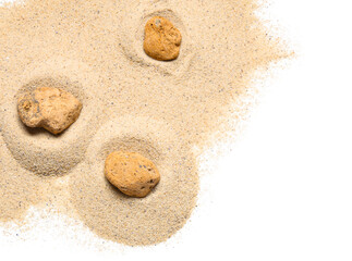 Light beach sand with stones on white background