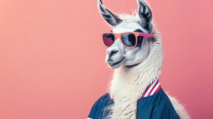 Papier peint photo intissé A llama wearing sunglasses and a bomber jacket is standing against a pink background. The llama is looking at the camera with a confident expression.