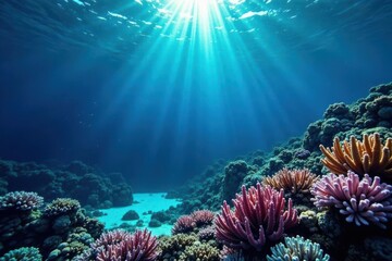 Obraz premium dark blue ocean surface reflected in coral reef , underwater, fish