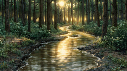Obraz premium A sunlit forest stream bordered by trees and lush foliage reflects the golden light creating a serene and picturesque