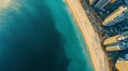 High-angle aerial shot of beach lined with modern skyscrapers, palm-lined promenades visible below, azure water reflecting sunlight, vibrant and luxurious. 