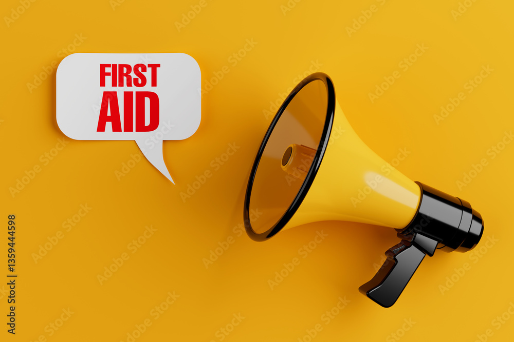Aufkleber yellow megaphone with first aid sign speech clouds chat bubble. 3d rendering