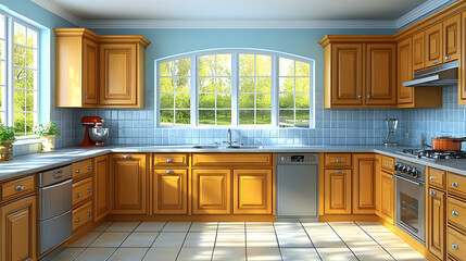 A sunlit kitchen showcases natural light with a view of lush greenery through the window and cabinets blending form a