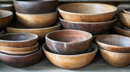 A collection of old wooden bowls, stacked together, showcasing natural wear and historical charm