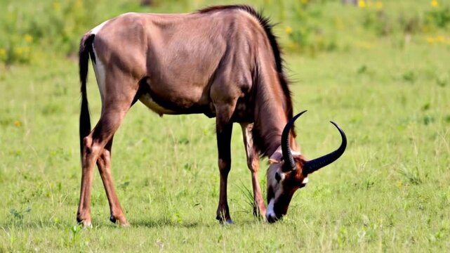  A hartebeest grazes on the savanna, its long legs standing tall in the grass as it cautiously scans the surrounding area for potential predators