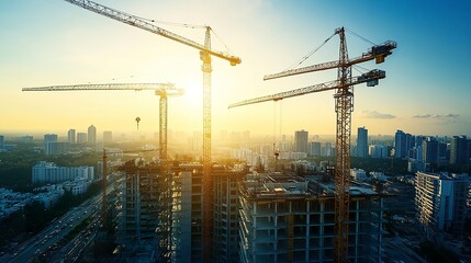 High-rise residential building under construction, cranes in action against skyline, bright afternoon light emphasizing the scale of development, aerial view 