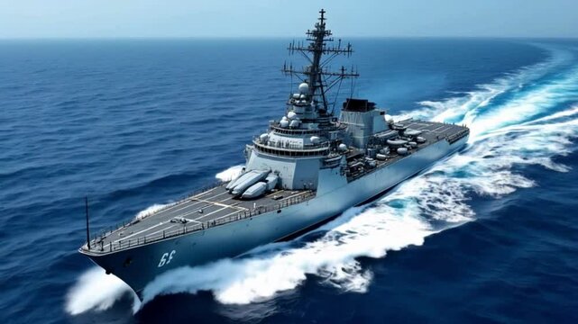  A heavily armed military destroyer slices through the open ocean, leaving a foamy wake behind. Radar dishes rotate, scanning the horizon, while advanced weapon systems stand ready as the warship 