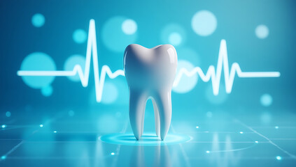"Modern Dental Care Concept: A Shiny White Tooth Against a Soft Blue Backdrop with Health Symbols, Heartbeat Line, and Calming Bokeh Effects"