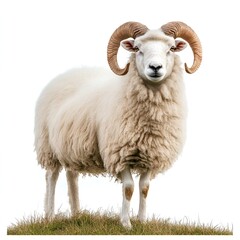 Fototapeta premium Majestic White Ram with Large Horns Standing in Grass Against White Background