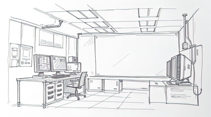 A hand-drawn sketch of a cyberpunk IT lab, distinctly split into sections with rough lines, textured pencil strokes, a white background, and bold areas