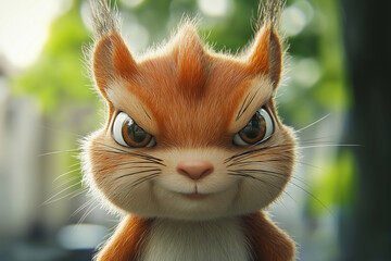 Grumpy Cute Cartoon Squirrel Close-Up