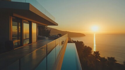 Luxurious Malibu villa perched above the Pacific, expansive deck with seamless glass railings showcasing uninterrupted ocean views, soft golden sunlight creating a serene setting 