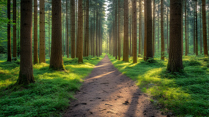 Fototapeta premium A trail cuts through a forest lined with tall trees Sunlight filters through the canopy illuminating green foliage Pe