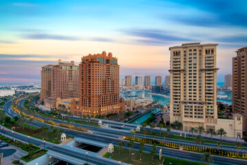 Fototapeta premium Aerial view of Pearl Qatar Porto Arabia Doha Qatar 