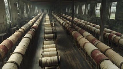 Industrial Revolution: A historical look at a textile mill, showcasing a long row of spools and the architectural style of the era, immersing viewers in an important period