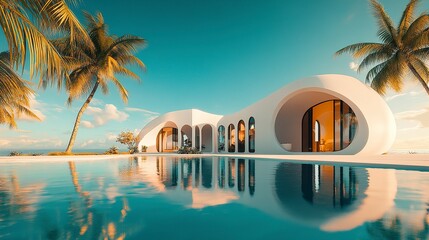 Luxury minimalist modern beach villa with white concrete walls, arched windows reflecting golden light, sleek pool in the foreground, framed by swaying palm trees, vibrant blue sky 