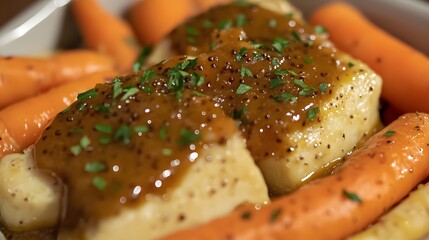 Closeup of Delicious Chicken with Mustard Sauce and Roasted Carrots