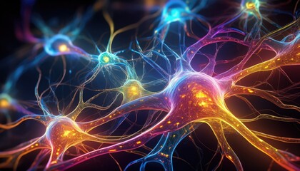 Fototapeta premium Neurons brightly illuminated, revealing complex networks and connections in brain research context.