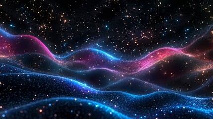 Abstract cosmic background with vibrant neon waves and glowing light trails &ndash; futuristic starry outer space texture with dynamic energy flow