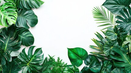 Fototapeta premium Green leaves of tropical plants bush (Monstera, palm, rubber plant, pine, bird’s nest fern) floral arrangement indoors garden nature backdrop isolated on white background thailand, clipping path.