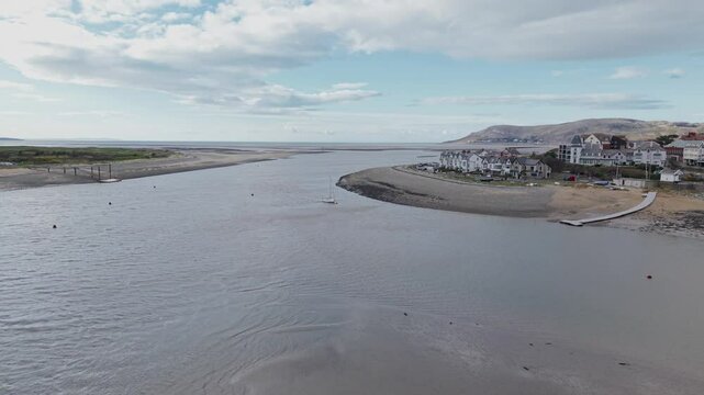 Aerial Drone River Conwy Estuary Deganwy Beach Promenade Coastline Yacht 4K