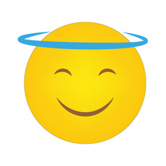 Smiling halo emoji. Yellow happy face. Angelic positive expression. Cartoon cheerful design.